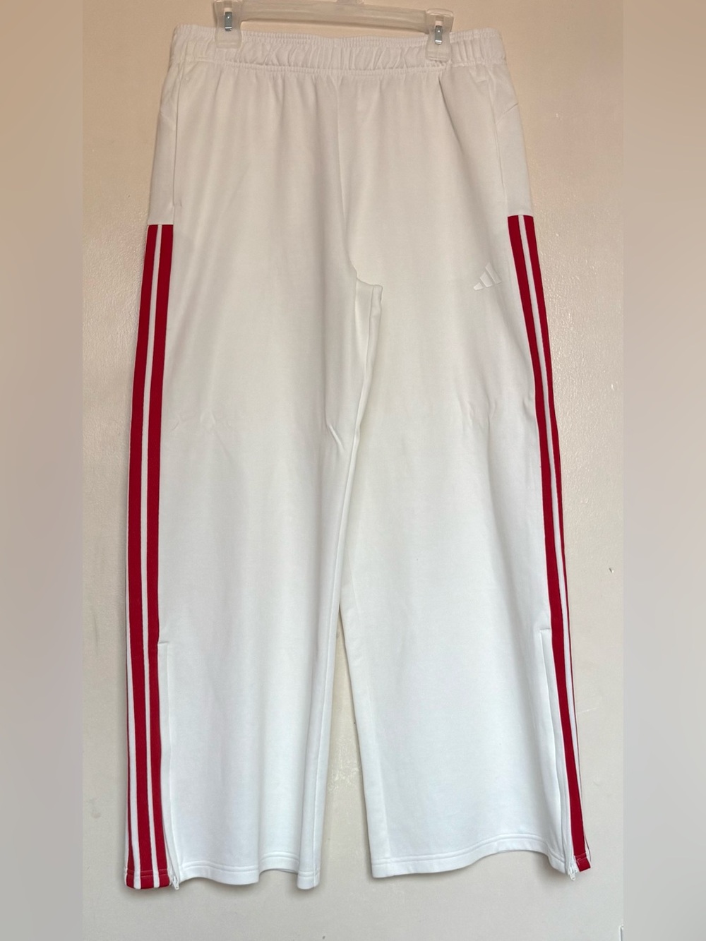 Wide Leg Off White Adidas Pants with Red Side Stripes